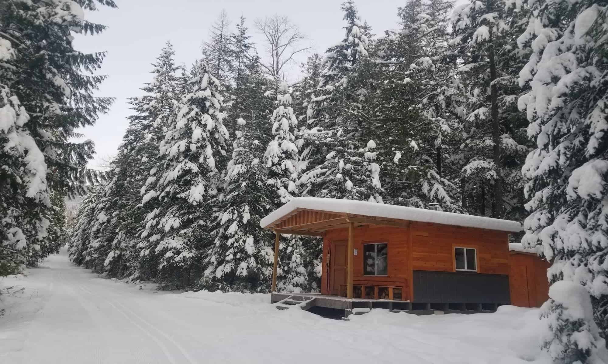 Wooden warming cabin surrounded by snow-covered evergreen forest at the Kaslo Nordic Ski Club
